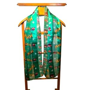 Festive Green Christmas Scarf with Holiday Santa And Snowflake Print EUC